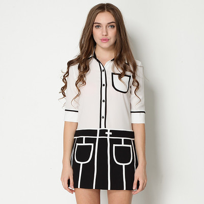 歐美大牌假兩件七分袖連衣裙 翻領小香風拼接條紋襯衣裙夏裝新款